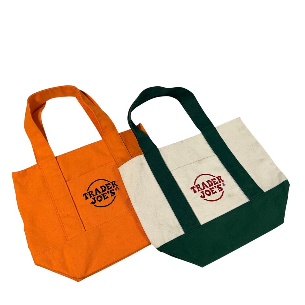Lot of 2 Small Trader Joe’s Totes Embroidered Orange Green
